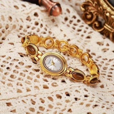 Picture of Women'S Elegant Green & Golden-Tone Quartz Watch with Tiger'S Eye & Natural East Asian Stone Accent - Luxury Brown Dial, Golden-Tone Case & Bandgold Red, halka beguni, Purple, gold pathore, gold black, gold  of white, Blue
