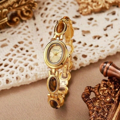 Picture of Women'S Elegant Green & Golden-Tone Quartz Watch with Tiger'S Eye & Natural East Asian Stone Accent - Luxury Brown Dial, Golden-Tone Case & Bandgold Red, halka beguni, Purple, gold pathore, gold black, gold  of white, Blue