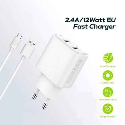 Picture of Sannai Fast Charger SA-40 Dual Port 12W USB Charger with MicroUSB Cable for Universal Devices -White