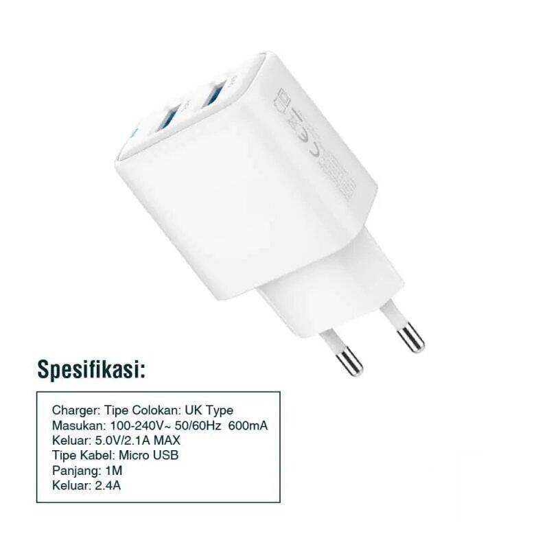 Picture of Sannai Fast Charger SA-40 Dual Port 12W USB Charger with MicroUSB Cable for Universal Devices -White
