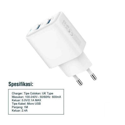 Picture of Sannai Fast Charger SA-40 Dual Port 12W USB Charger with MicroUSB Cable for Universal Devices -White