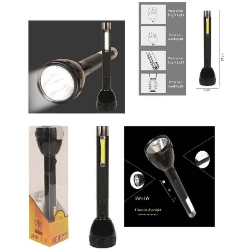 Picture of JYSUPER JY-2080 Rechargeable High Power Flashlight with COB LED and 3W Side Light, 2400mAh Lithium Battery, Dual Charging, Waterproof Outdoor Torch -Black
