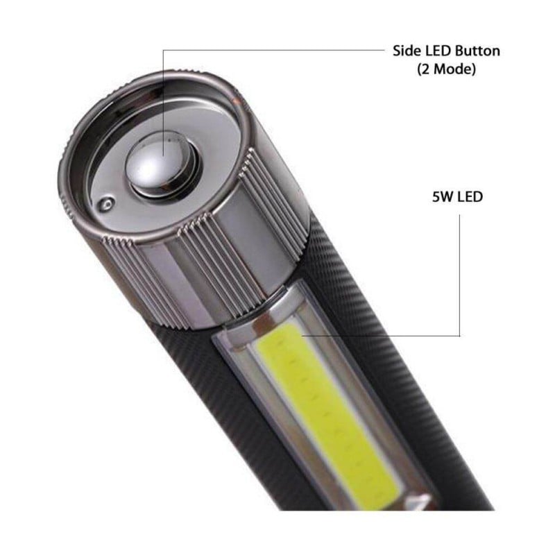 Picture of JYSUPER JY-2080 Rechargeable High Power Flashlight with COB LED and 3W Side Light, 2400mAh Lithium Battery, Dual Charging, Waterproof Outdoor Torch -Black