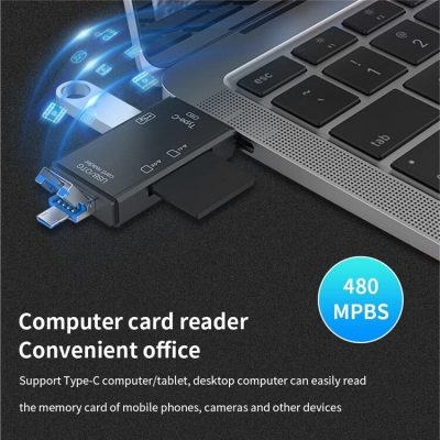 Picture of 6-in-1 Universal USB OTG Card Reader, Type-C, MicroUSB, USB A, SD/MicroSD Support, Plug-and-Play Data Transfer - New
