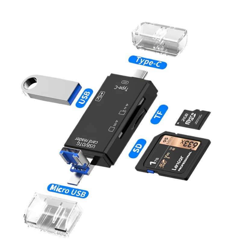 Picture of 6-in-1 Universal USB OTG Card Reader, Type-C, MicroUSB, USB A, SD/MicroSD Support, Plug-and-Play Data Transfer - New