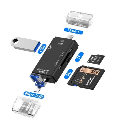 Picture of 6-in-1 Universal USB OTG Card Reader, Type-C, MicroUSB, USB A, SD/MicroSD Support, Plug-and-Play Data Transfer - New
