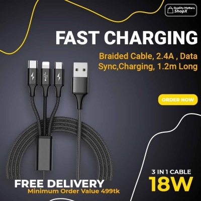 Picture of OneTech 3 in 1 cable 2.4A charging cable braided cable usb cable