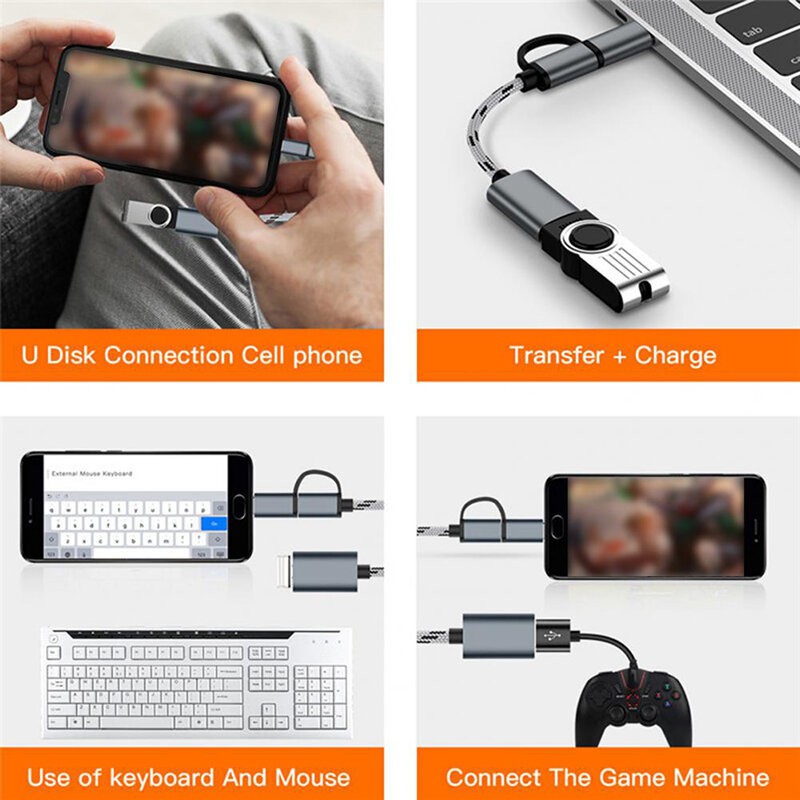 Picture of 2 in 1 OTG Cable MicroUSB Type C to USB 2.0 OTG Adapter Metal Body Braided Cable