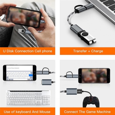Picture of 2 in 1 OTG Cable MicroUSB Type C to USB 2.0 OTG Adapter Metal Body Braided Cable
