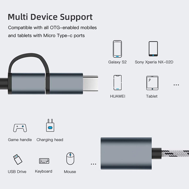 Picture of 2 in 1 OTG Cable MicroUSB Type C to USB 2.0 OTG Adapter Metal Body Braided Cable