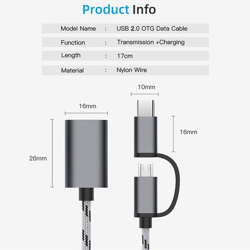 Picture of 2 in 1 OTG Cable MicroUSB Type C to USB 2.0 OTG Adapter Metal Body Braided Cable