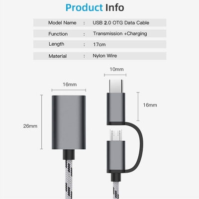 Picture of 2 in 1 OTG Cable MicroUSB Type C to USB 2.0 OTG Adapter Metal Body Braided Cable