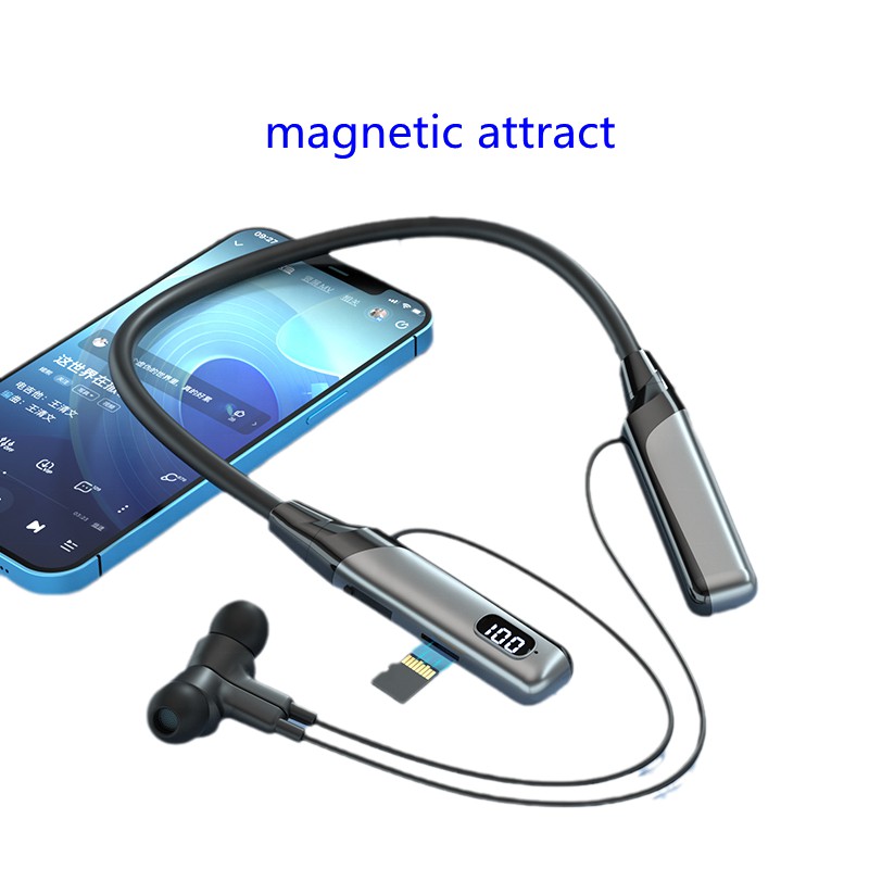 Picture of Recrsi RE-NY060 Neckband Wireless Bluetooth Earphone with 200h Backup TF Card LED Display EQ Sound -Black