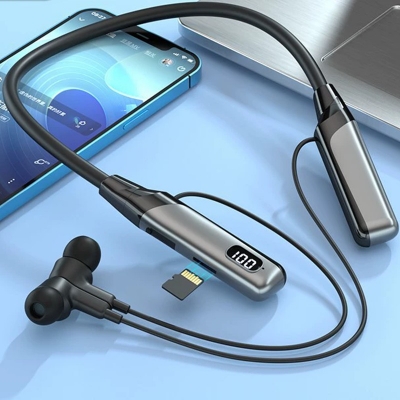 Picture of Recrsi RE-NY060 Neckband Wireless Bluetooth Earphone with 200h Backup TF Card LED Display EQ Sound -Black