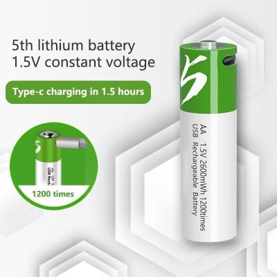 Picture of 2PCS AA 1.5V USB-Rechargeable Li-ion Batteries 2600 mWh – Type-C Fast Charging (1200 Cycles)