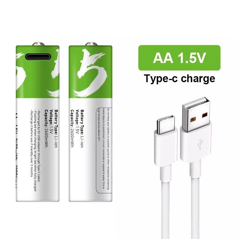 Picture of 2PCS AA 1.5V USB-Rechargeable Li-ion Batteries 2600 mWh – Type-C Fast Charging (1200 Cycles)
