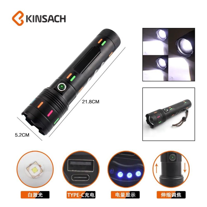 Picture of KINSACH KS-662 Aluminium Alloy Long Range Flashlight – 20W White Laser, 7200mAh Rechargeable Battery, Type-C Charging, Powerbank Function, Waterproof -Black