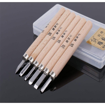 Picture of 6Pcs China Steel Woodcut Hand Wood Carving Engraving Knives Cutter Sets With Box wood color