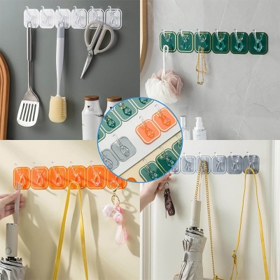 Picture of 6 PIC Six Hook Sticky Hanger, Multipurpose Wall Hooks, Transparent Plastic Duty Wall Hook for Kitchen Bathroom Office Storage, Wall Mounted Towel Hanger (Color: Random) Multicolor