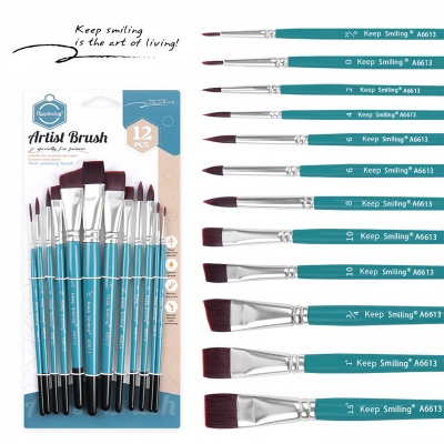 Picture of Keep Smiling 12pcs Paint Brush Set Nylon Hair Artist Paint Brushes Wooden Handle Paintbrush Set 12ps