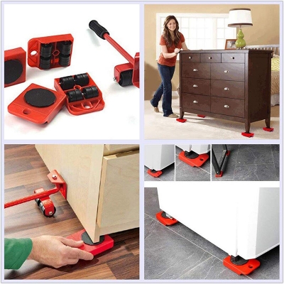 Picture of 5 In 1 Moving Heavy Object Handling Tools Portable Furniture Lifter Transport Household Hand Set 4 Mover Roller + 1 Wheel Bar 1set