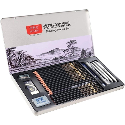Picture of NYONI 29pcs Sketch Drawing Pencil Set 2H H HB 2B 4B 6B 8B 12B 14B Charcoal Carbon Pen Wood Painting Pencils Stationery Supplies 29pcs