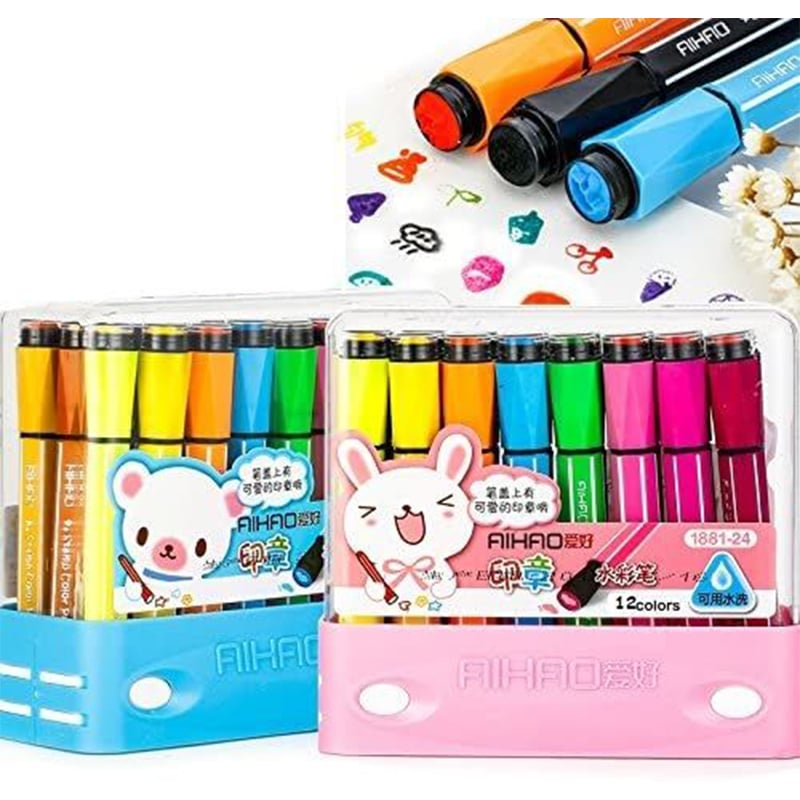 Picture of 12/24 colors set AIHAO Colored pen colored seal stamp washable markers seal watercolor pen thick head brush drawing pen tool set students children stationery gift 