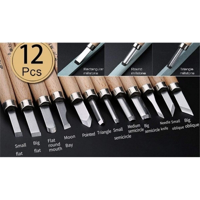 Picture of 12Pcs China Steel Woodcut Hand Wood Carving Engraving Knives Cutter Sets With Box 