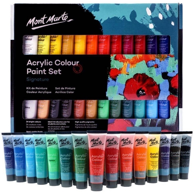 Picture of Mont Marte Acrylic Paint Set 24 Colours 36ml, Perfect for Canvas, Wood, Fabric, Leather, Cardboard, Paper, MDF and Crafts Multicolor
