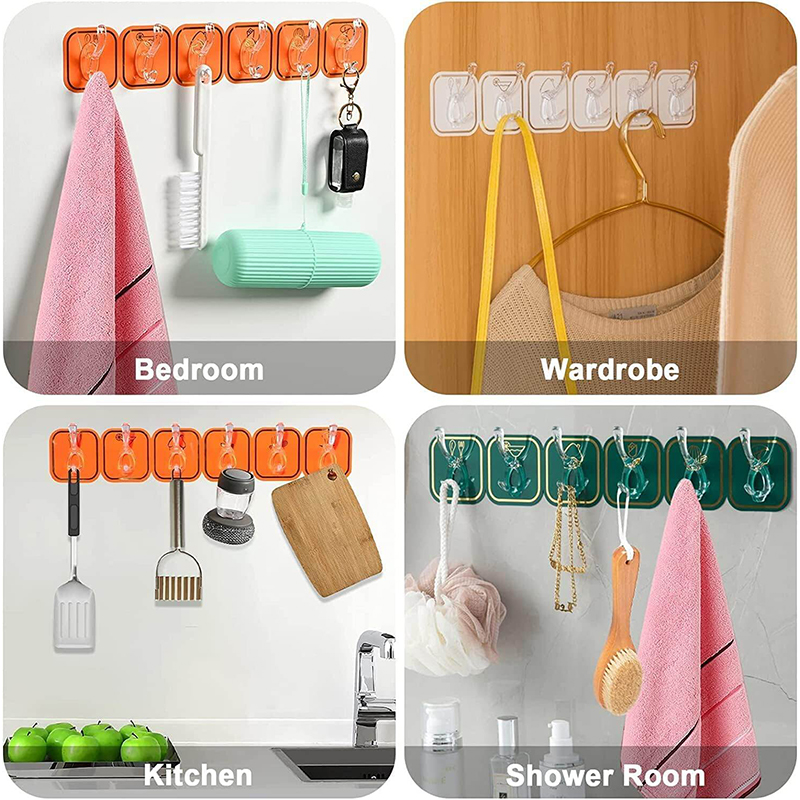 Picture of 6 PIC Six Hook Sticky Hanger, Multipurpose Wall Hooks, Transparent Plastic Duty Wall Hook for Kitchen Bathroom Office Storage, Wall Mounted Towel Hanger (Color: Random) Multicolor