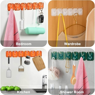 Picture of 6 PIC Six Hook Sticky Hanger, Multipurpose Wall Hooks, Transparent Plastic Duty Wall Hook for Kitchen Bathroom Office Storage, Wall Mounted Towel Hanger (Color: Random) Multicolor