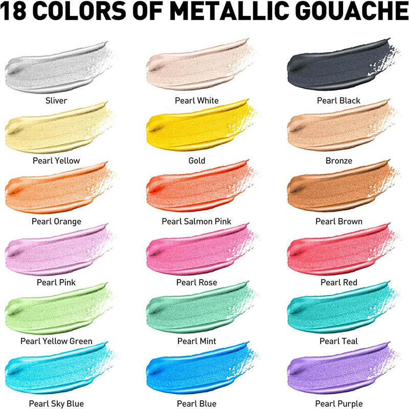 Picture of HIMI Metallic Gouache Paints Set, 18 Colors, 30g, 18 US fl oz, Non Toxic Paint for Canvas and Paper, Art Supplies for Professionals, Students 