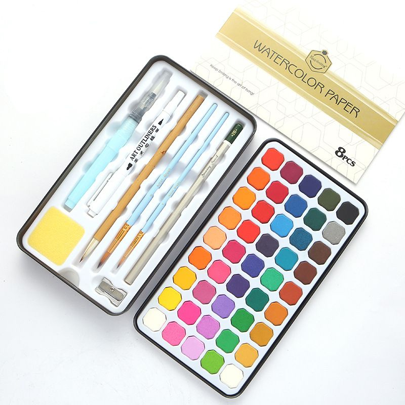 Picture of Premium Solid Watercolor Paint Set with Brushes and Pencils, 45 Vibrant Colors, Water-Soluble, Long-Lasting Pigments 1set