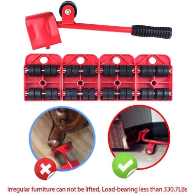 Picture of 5 In 1 Moving Heavy Object Handling Tools Portable Furniture Lifter Transport Household Hand Set 4 Mover Roller + 1 Wheel Bar 1set