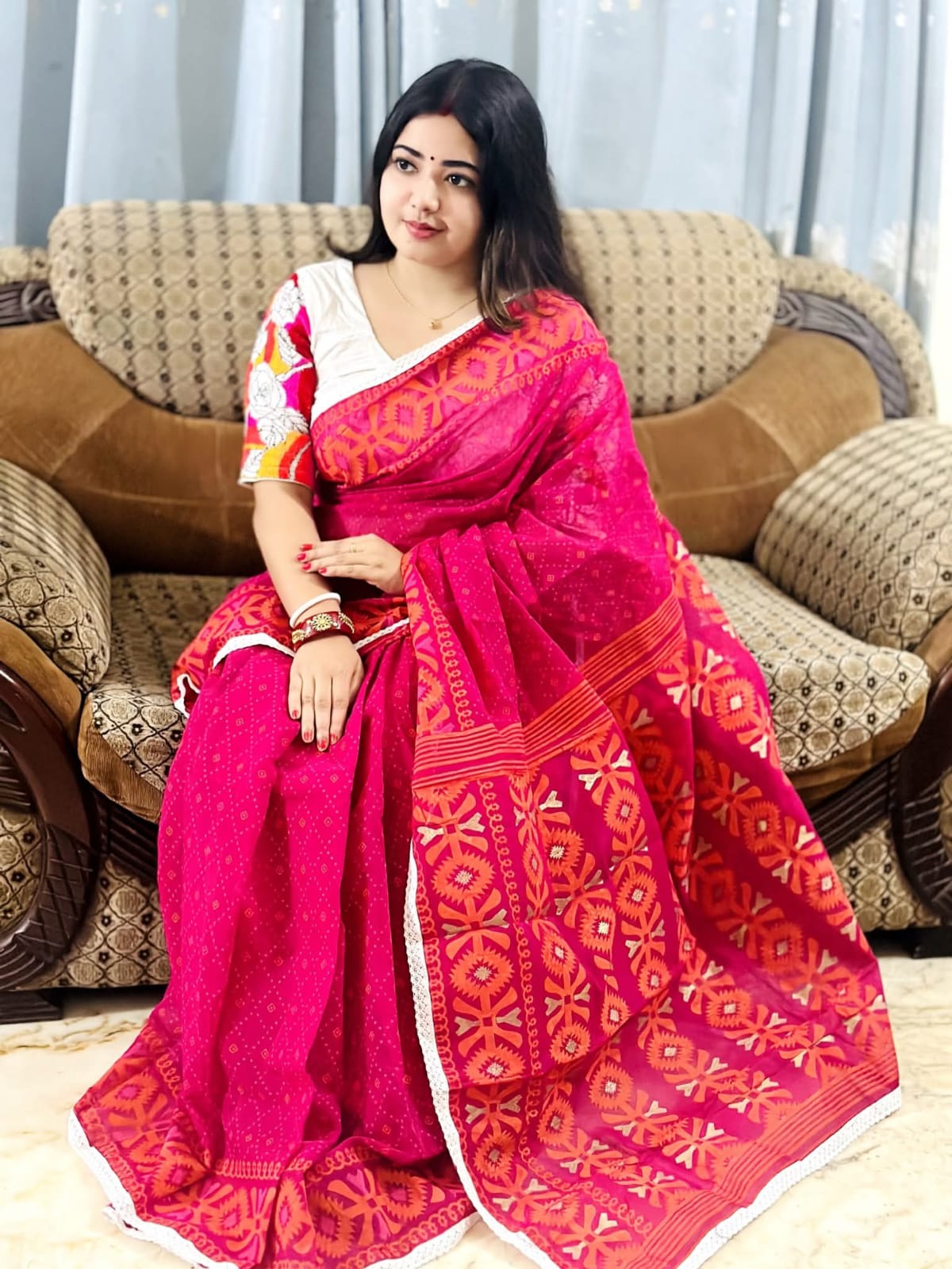 Picture of Hamim Fashion High-Quality Half-Silk Skin Print Saree (Tassels on the Achal) - 13 Haat