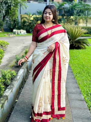 Picture of Hamim Fashion Original Khadi Cotton Screen Print and Embroidery Work Saree With Blouse Piece  - 13 Haat