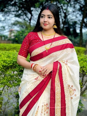 Picture of Hamim Fashion Original Khadi Cotton Screen Print and Embroidery Work Saree With Blouse Piece  - 13 Haat