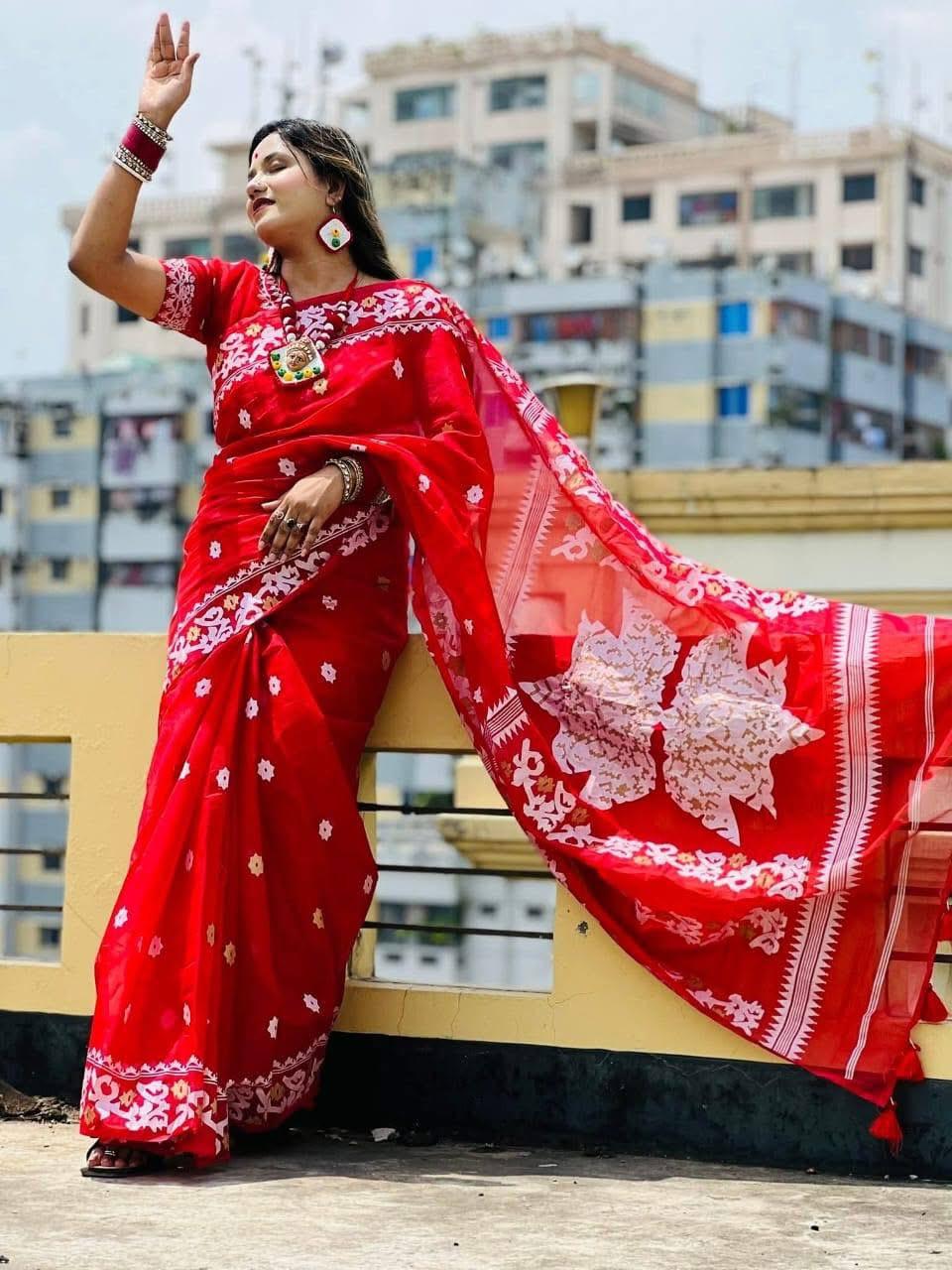 Picture of Hamim Fashion High-Quality Half-Silk Skin Print Saree (Tassels on the Achal) - 13 Haat