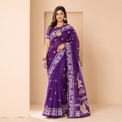 Picture of Hamim Fashion High-Quality Half-Silk Skin Print Saree (Tassels on the Achal) - 13 Haat
