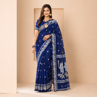 Picture of Hamim Fashion High-Quality Half-Silk Skin Print Saree (Tassels on the Achal) - 13 Haat