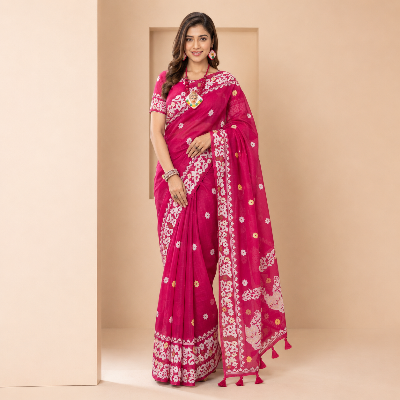 Picture of Hamim Fashion High-Quality Half-Silk Skin Print Saree (Tassels on the Achal) - 13 Haat