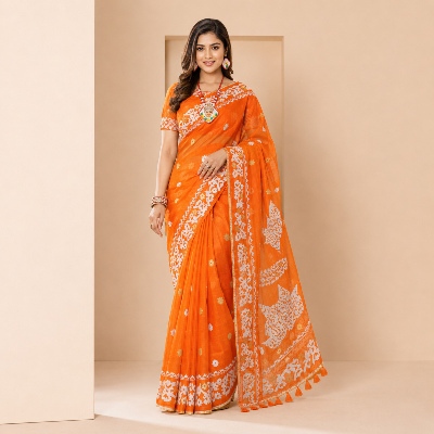 Picture of Hamim Fashion High-Quality Half-Silk Skin Print Saree (Tassels on the Achal) - 13 Haat