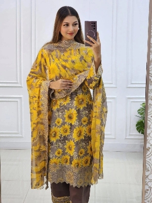 Picture of Hamim Fashion Digital Printed Stitched 3 Piece ​China Microstich Fabric With Lase Work  - Multicolor