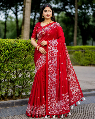 Picture of Hamim Fashion Puja Collection Saree Semi Muslin Laknow Embroidery Work with Blouse Piece  - 13 Haat