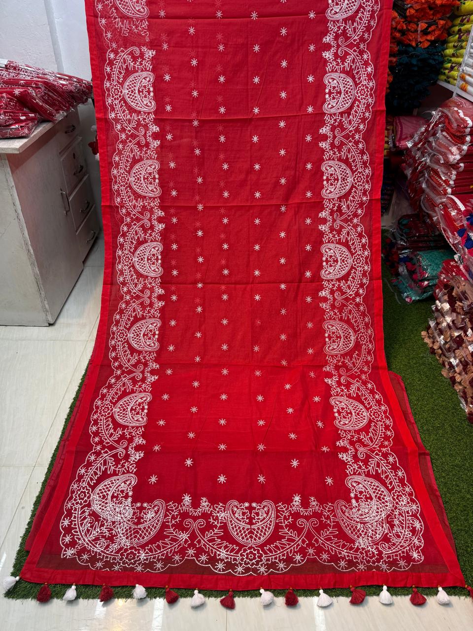 Picture of Hamim Fashion Puja Collection Saree Semi Muslin Laknow Embroidery Work with Blouse Piece  - 13 Haat