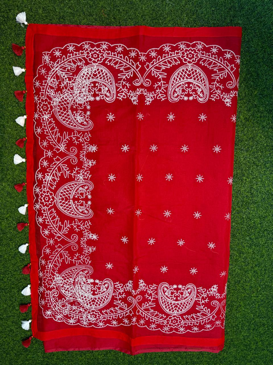 Picture of Hamim Fashion Puja Collection Saree Semi Muslin Laknow Embroidery Work with Blouse Piece  - 13 Haat