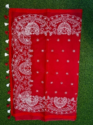 Picture of Hamim Fashion Puja Collection Saree Semi Muslin Laknow Embroidery Work with Blouse Piece  - 13 Haat