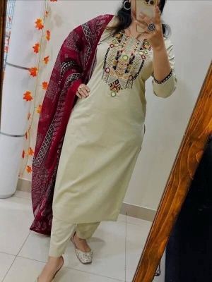 Picture of Hamim Fashion Premium Slub Cotton Stitched 3 Piece Heavy Embroidery and Gota Thread Work Intricate Design on the Sleeves