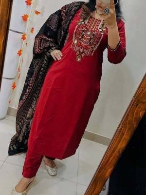 Picture of Hamim Fashion Premium Slub Cotton Stitched 3 Piece Heavy Embroidery and Gota Thread Work Intricate Design on the Sleeves