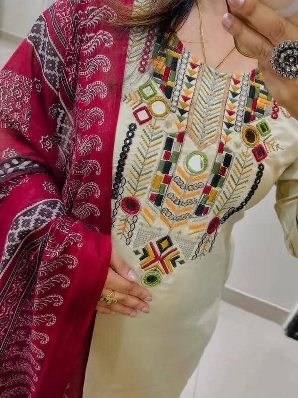 Picture of Hamim Fashion Premium Slub Cotton Stitched 3 Piece Heavy Embroidery and Gota Thread Work Intricate Design on the Sleeves
